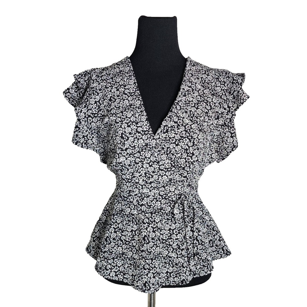 Monteau Womens XS Black/White Floral V-Neck Flutter‎ Peplum Chiffon Tie Blouse